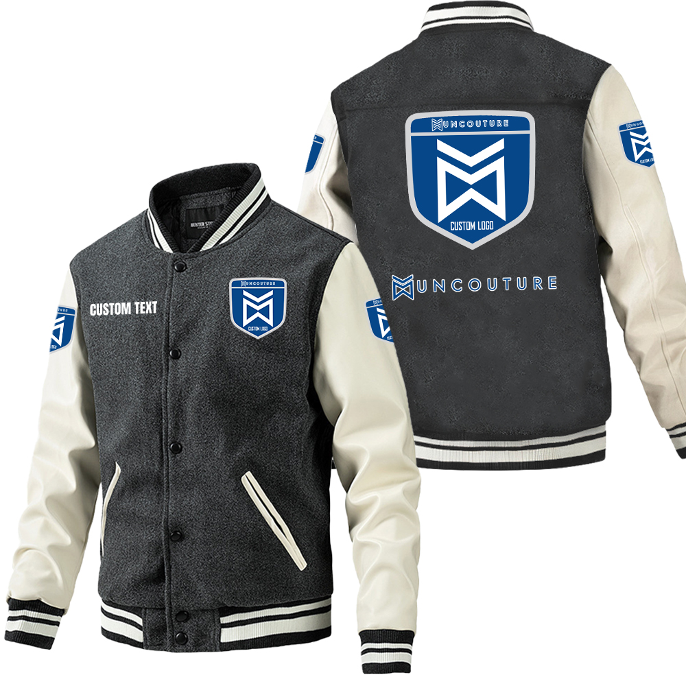 Woolen PU Sleeve Baseball Jacket - Grey