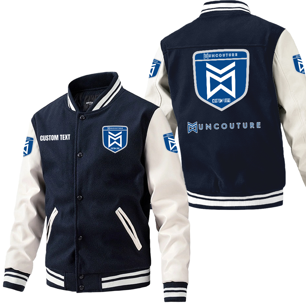 Woolen PU Sleeve Baseball Jacket - Navy