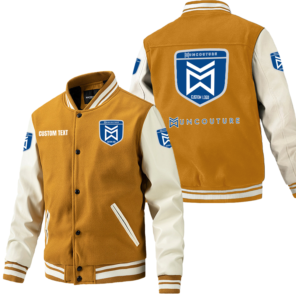 Woolen PU Sleeve Baseball Jacket - Orange