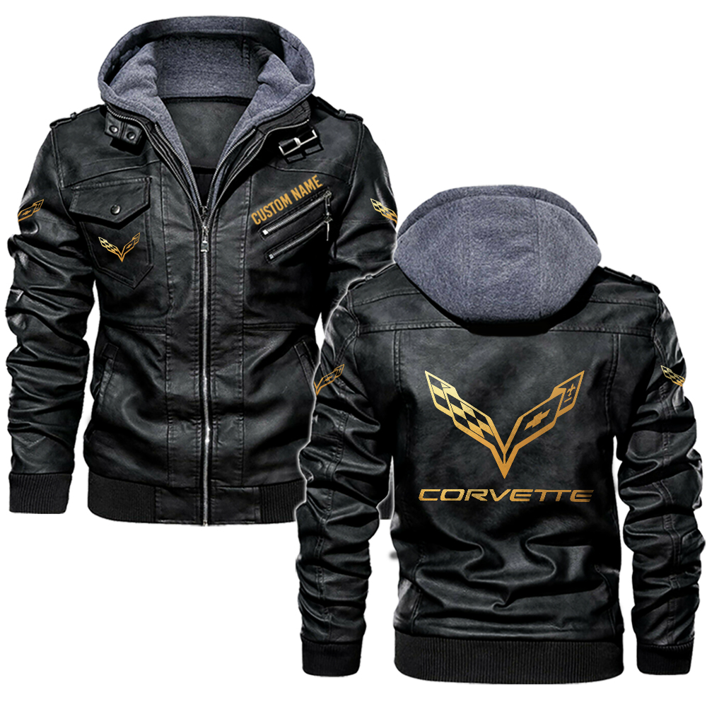 Chevrolet Corvette Golden Logo full style leather jackets, black and brown vintage style, customize name and logo