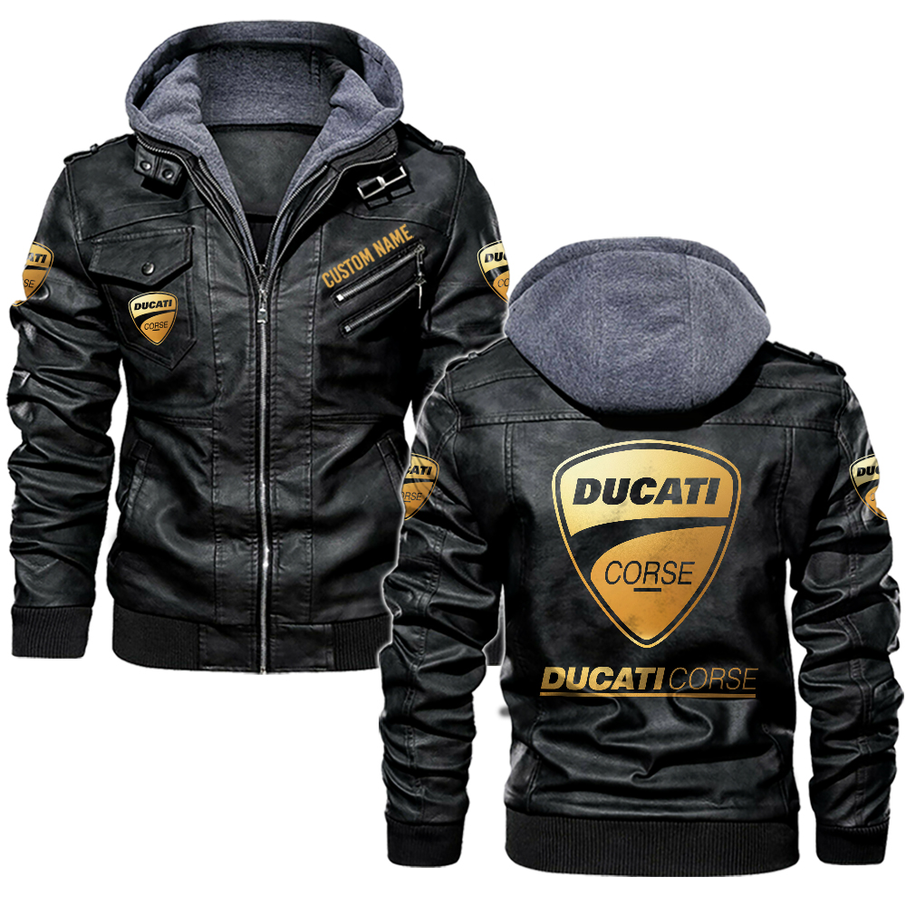 Ducati Corse Golden Logo full style leather jackets, black and brown vintage style, customize name and logo