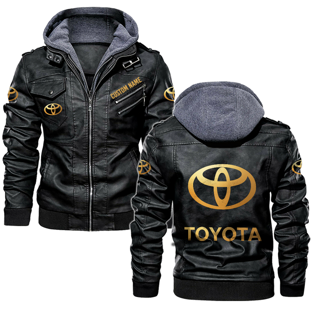 Toyota Motor Corporation Golden Logo full style leather jackets, black and brown vintage style, customize name and logo
