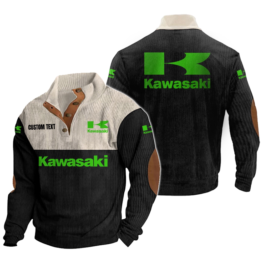 Kawasaki Men's Corduroy Casual Stand Collar Sweatshirts Vintage Color Customize Name and Logo
