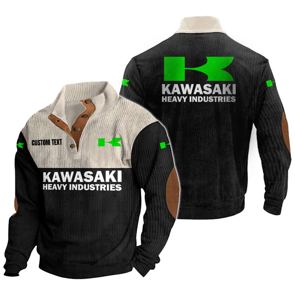 Kawasaki Heavy Industries Men's Corduroy Casual Stand Collar Sweatshirts Vintage Color Customize Name and Logo