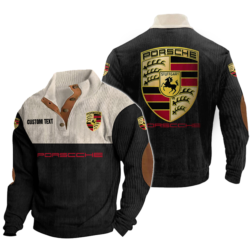 Porsche Men's Corduroy Casual Stand Collar Sweatshirts Vintage Color Customize Name and Logo