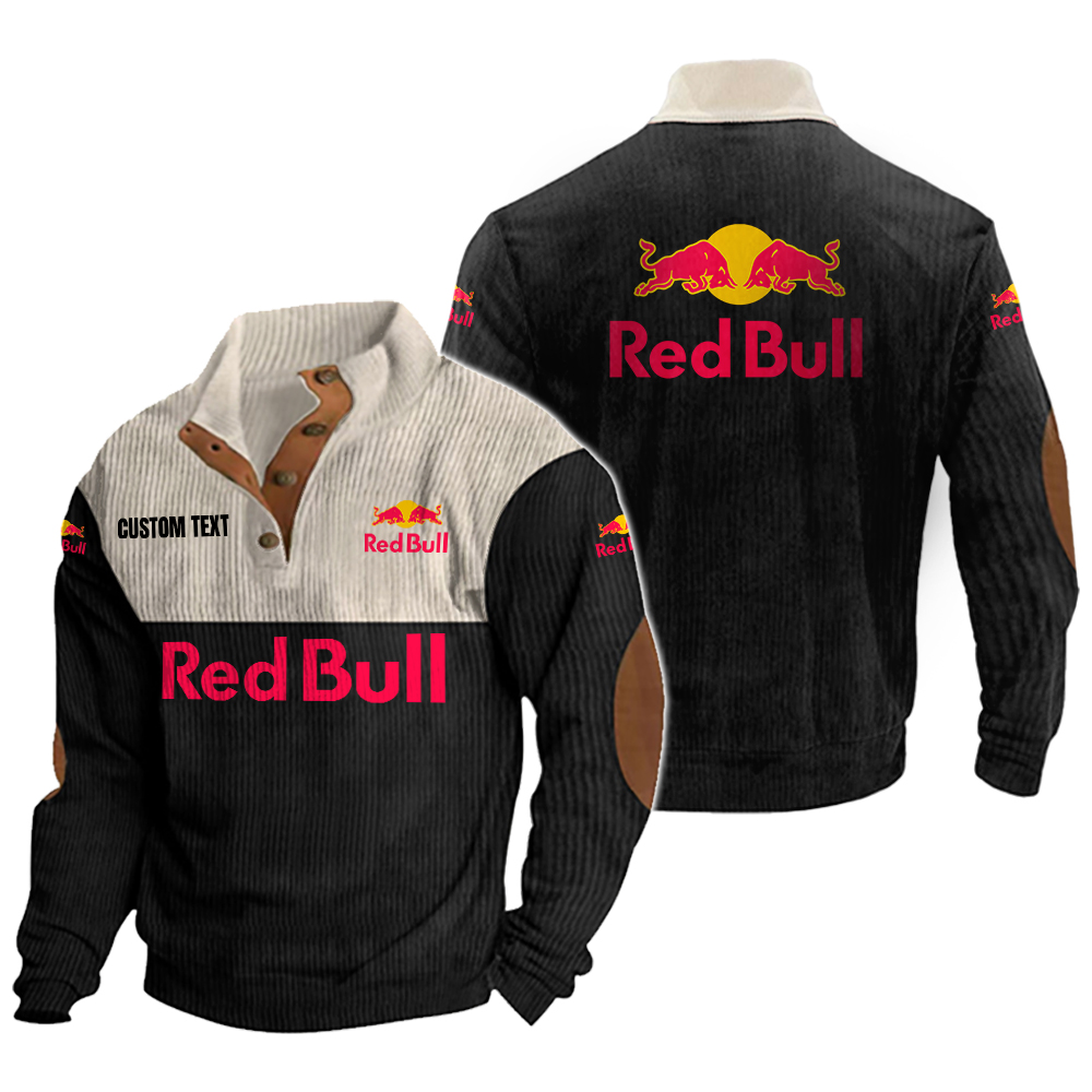 Red Bull Men's Corduroy Casual Stand Collar Sweatshirts Vintage Color Customize Name and Logo