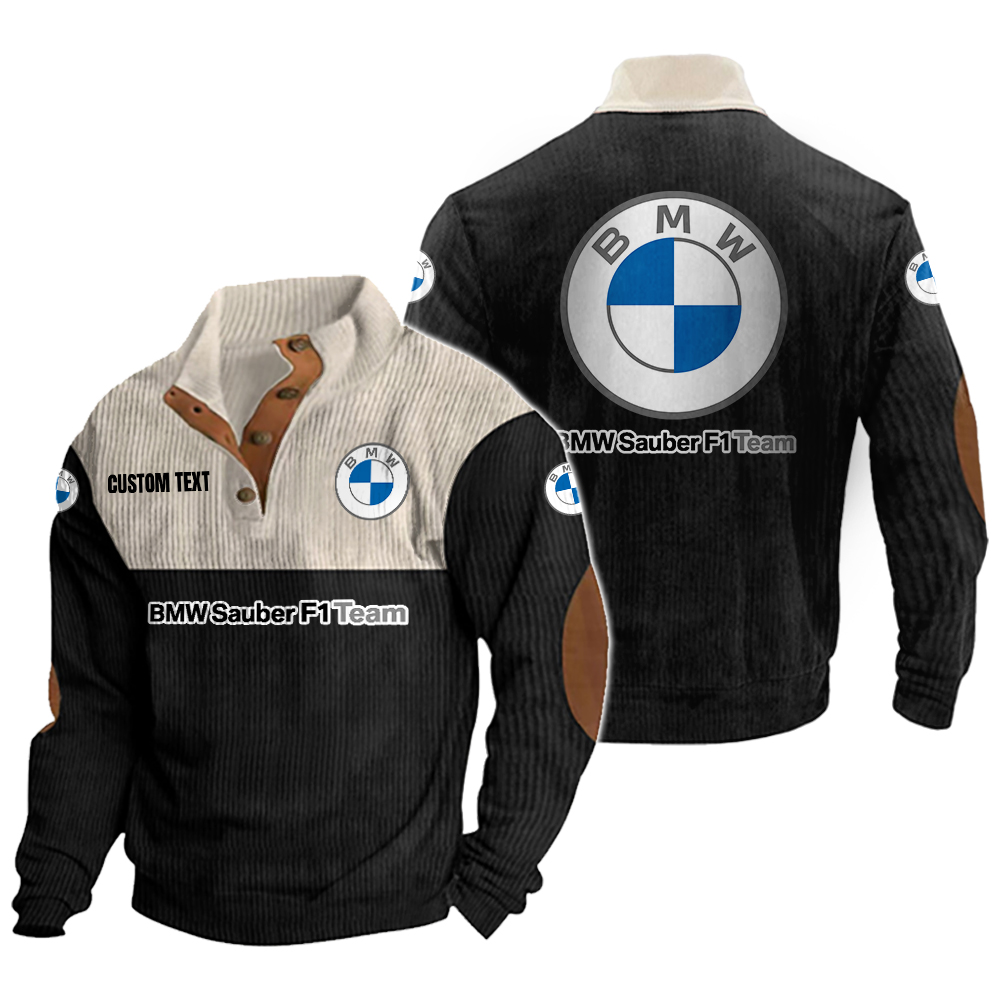 bmw f1 Men's Corduroy Casual Stand Collar Sweatshirts Vintage Color Customize Name and Logo