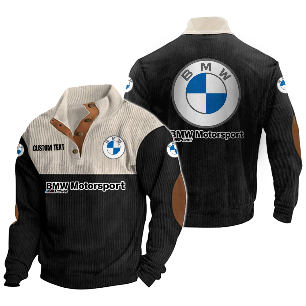 bmw racing Men's Corduroy Casual Stand Collar Sweatshirts Vintage Color Customize Name and Logo