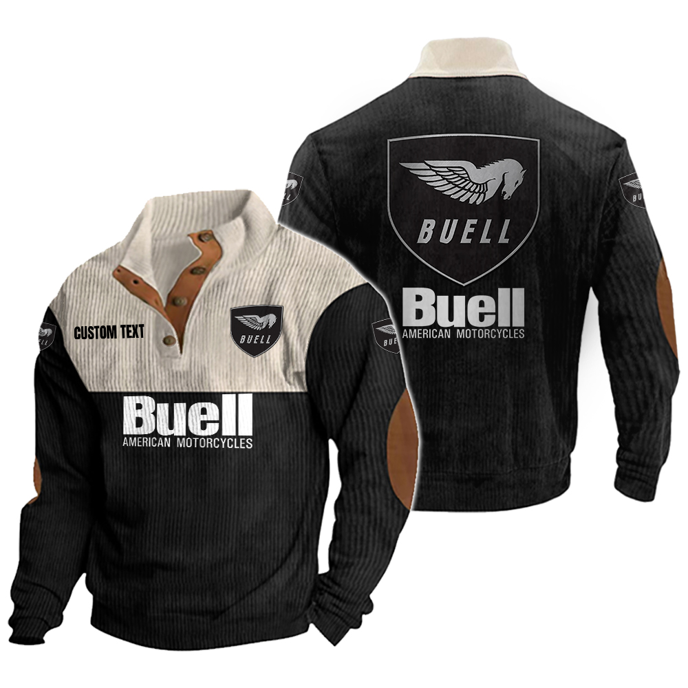 Buell Motorcycle Men's Corduroy Casual Stand Collar Sweatshirts Vintage Color Customize Name and Logo