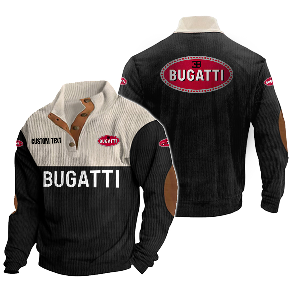 Bugatti Men's Corduroy Casual Stand Collar Sweatshirts Vintage Color Customize Name and Logo