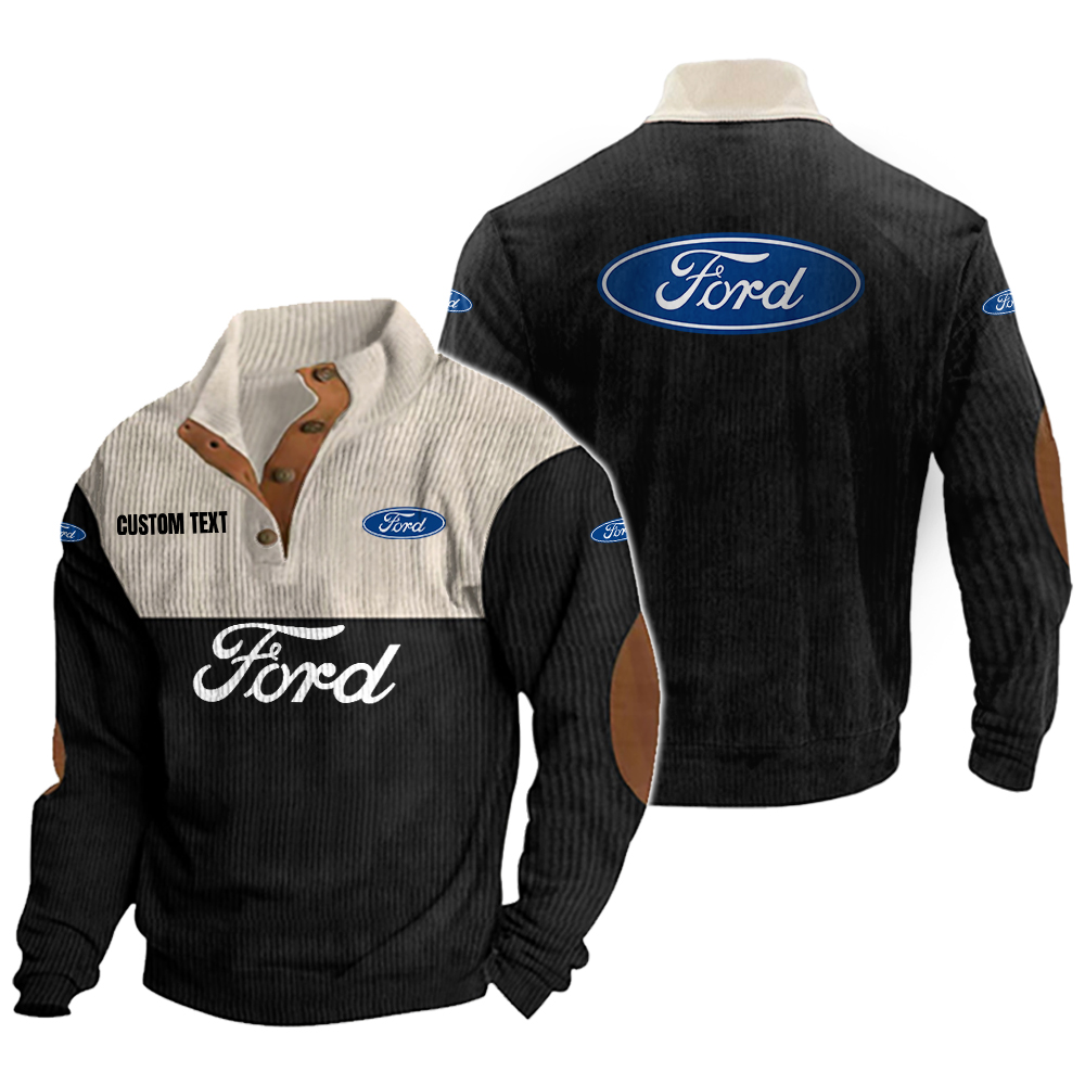 Ford Men's Corduroy Casual Stand Collar Sweatshirts Vintage Color Customize Name and Logo