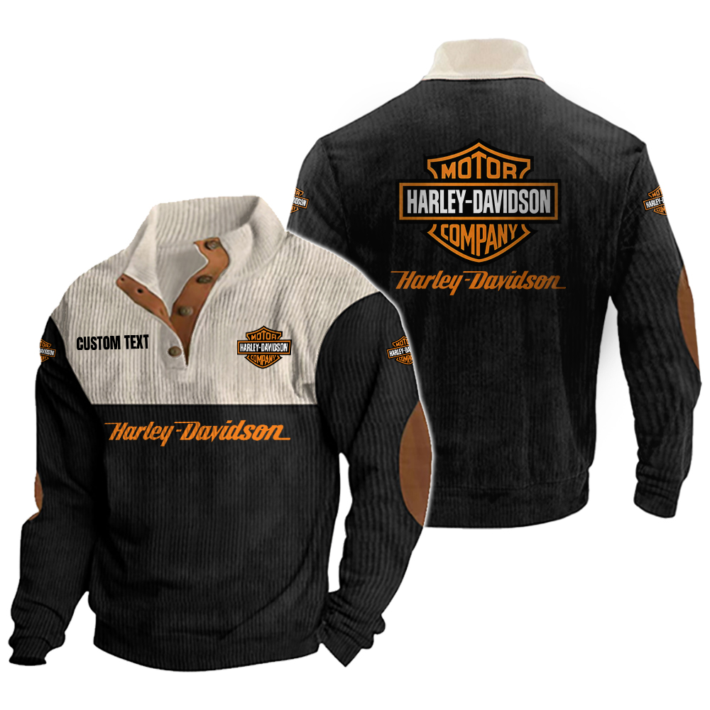 Harley Davidson Men's Corduroy Casual Stand Collar Sweatshirts Vintage Color Customize Name and Logo