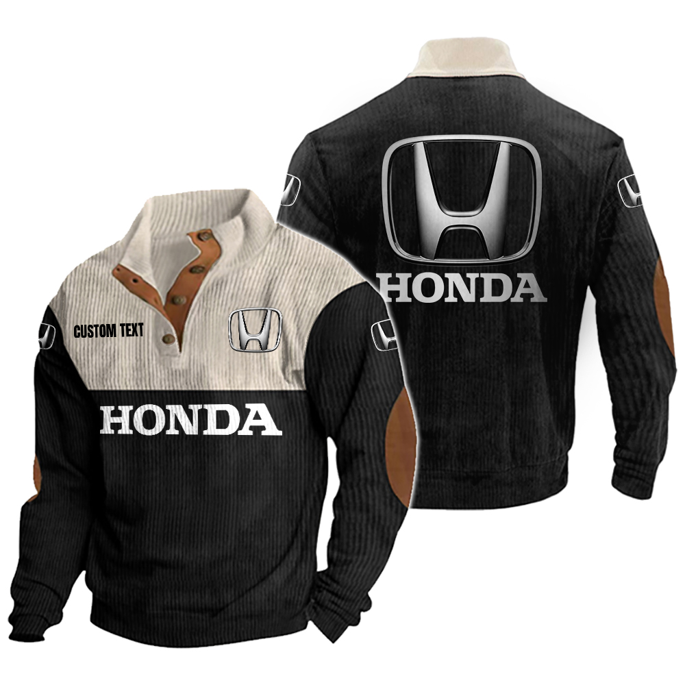 Honda Men's Corduroy Casual Stand Collar Sweatshirts Vintage Color Customize Name and Logo