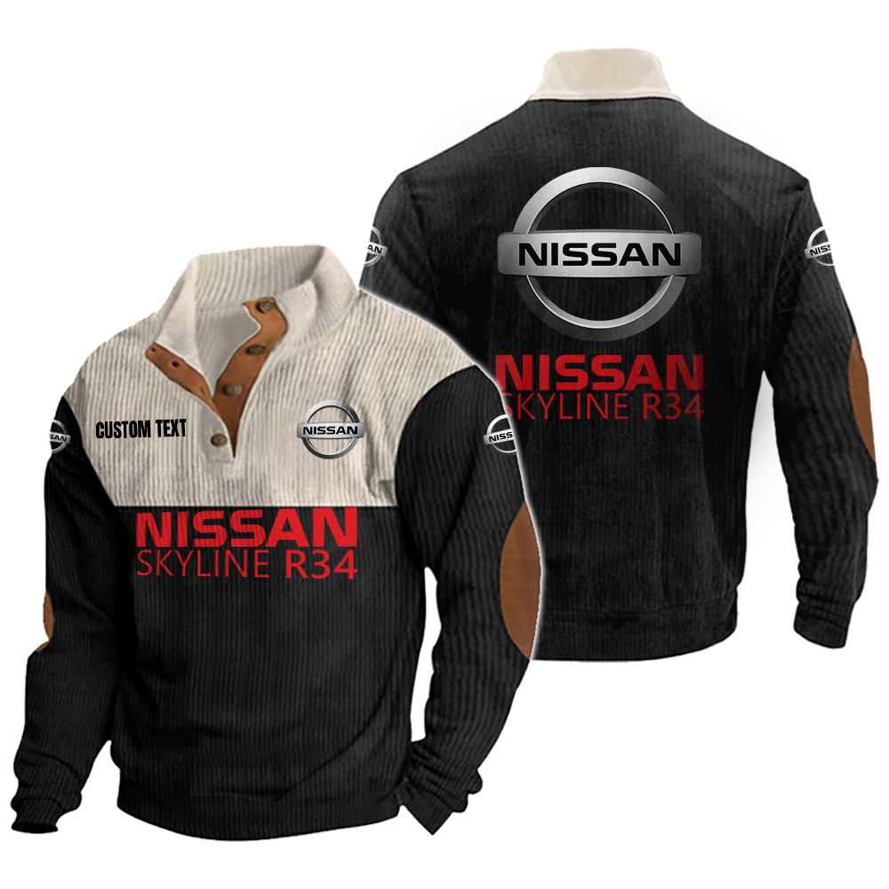 nissan r34 Men's Corduroy Casual Stand Collar Sweatshirts Vintage Color Customize Name and Logo