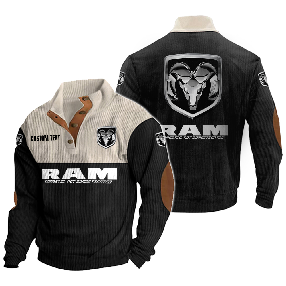 Ram Men's Corduroy Casual Stand Collar Sweatshirts Vintage Color Customize Name and Logo