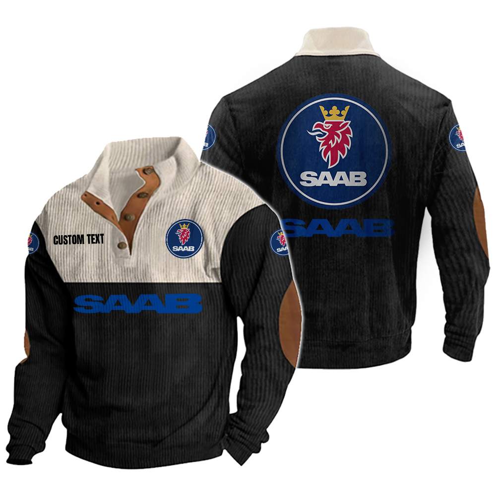 SAAB Men's Corduroy Casual Stand Collar Sweatshirts Vintage Color Customize Name and Logo