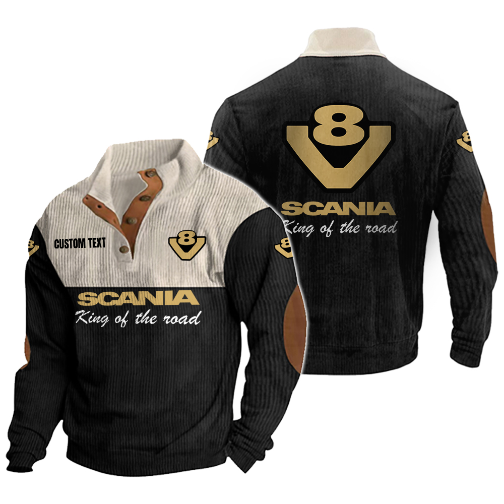 Scania V8 Men's Corduroy Casual Stand Collar Sweatshirts Vintage Color Customize Name and Logo