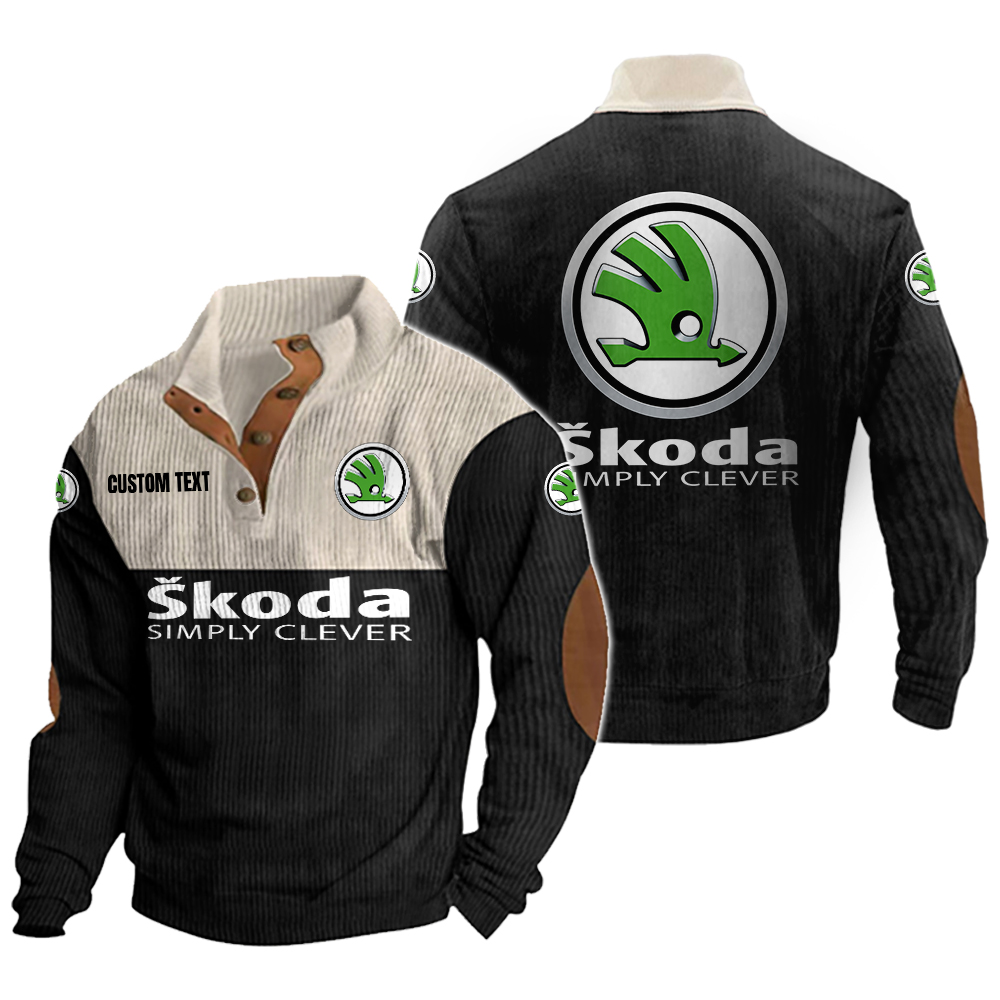 Skoda Men's Corduroy Casual Stand Collar Sweatshirts Vintage Color Customize Name and Logo