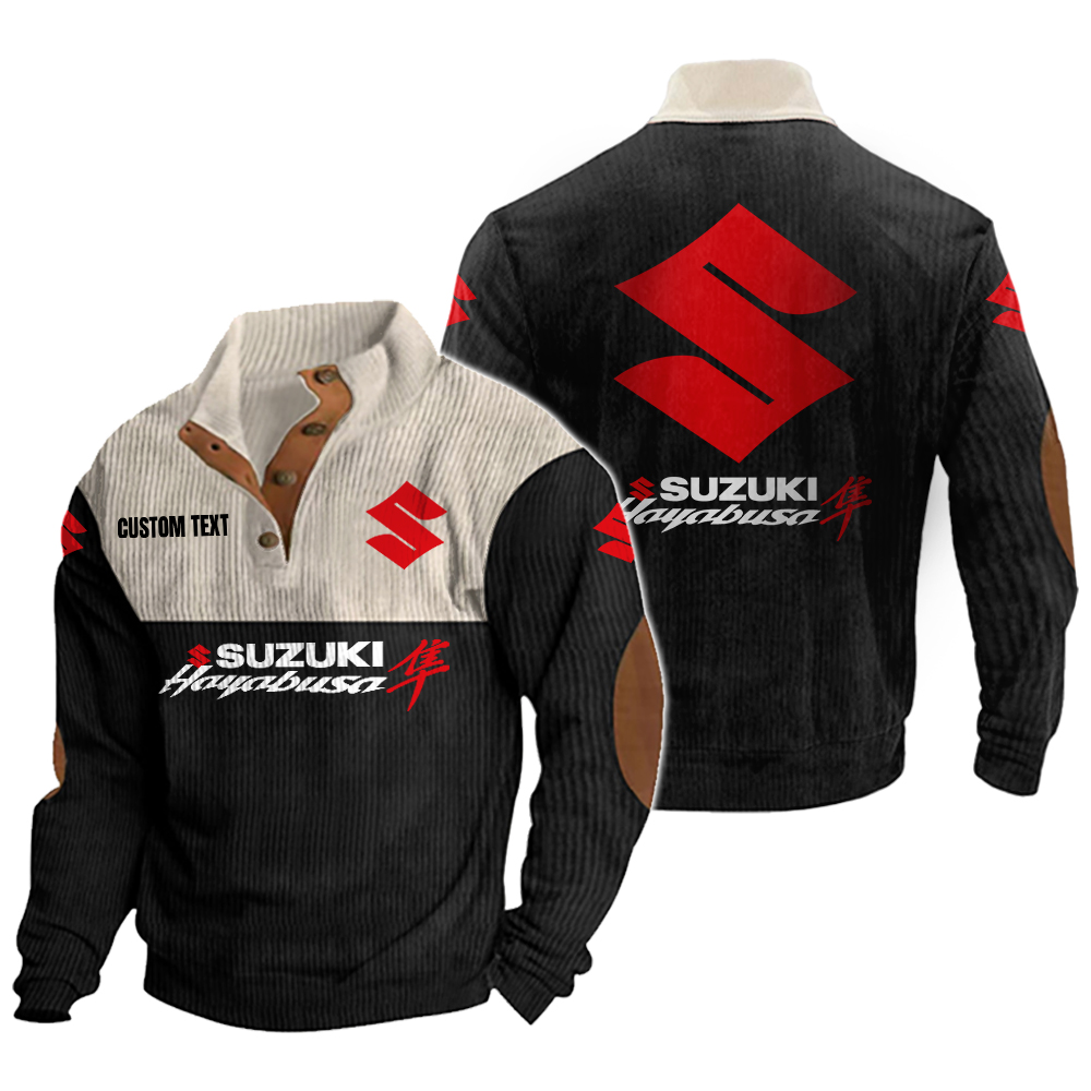 Suzuki Hayabusa Men's Corduroy Casual Stand Collar Sweatshirts Vintage Color Customize Name and Logo