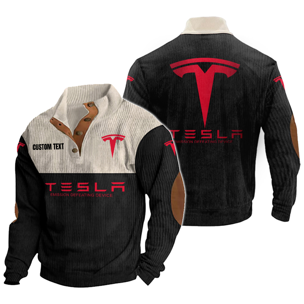 Tesla Motors Men's Corduroy Casual Stand Collar Sweatshirts Vintage Color Customize Name and Logo