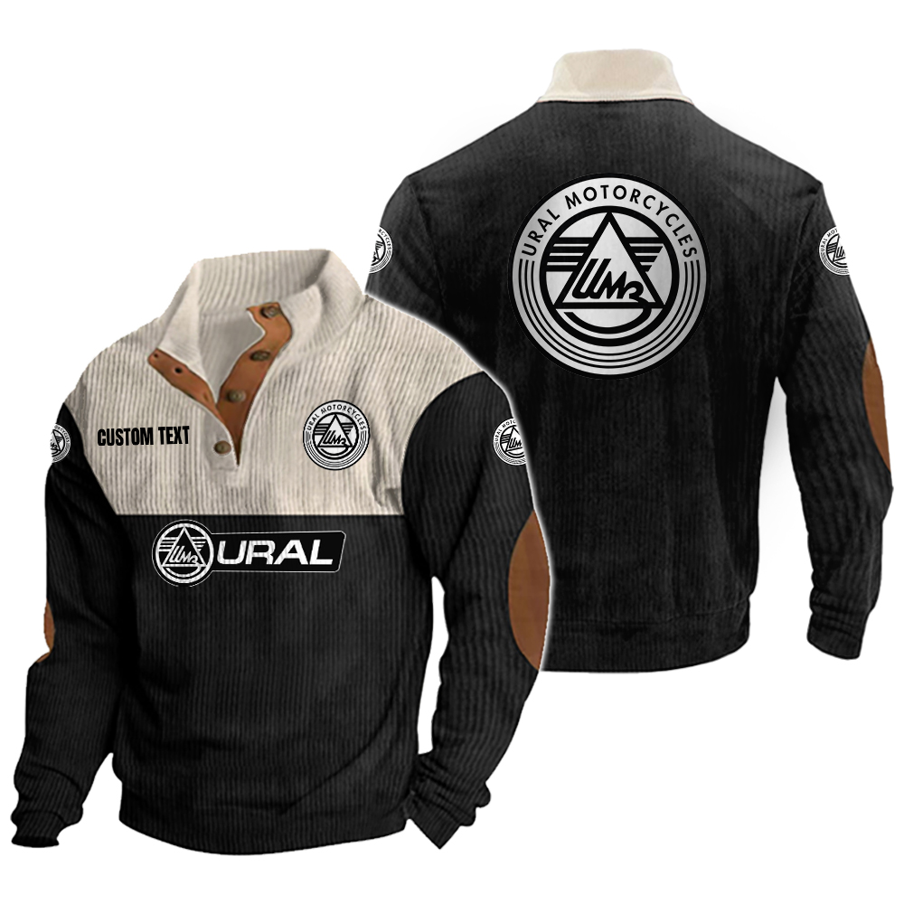 Ural Motorcycles Men's Corduroy Casual Stand Collar Sweatshirts Vintage Color Customize Name and Logo