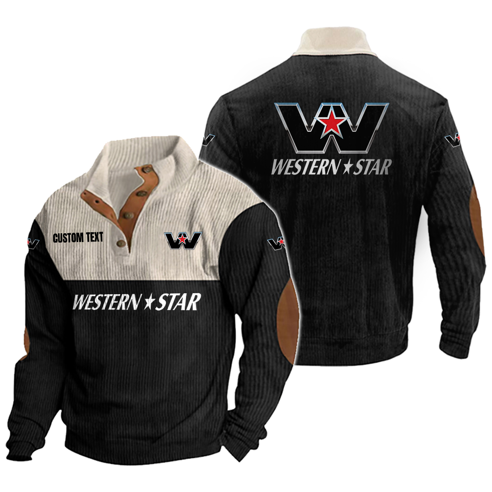 Western Star Men's Corduroy Casual Stand Collar Sweatshirts Vintage Color Customize Name and Logo