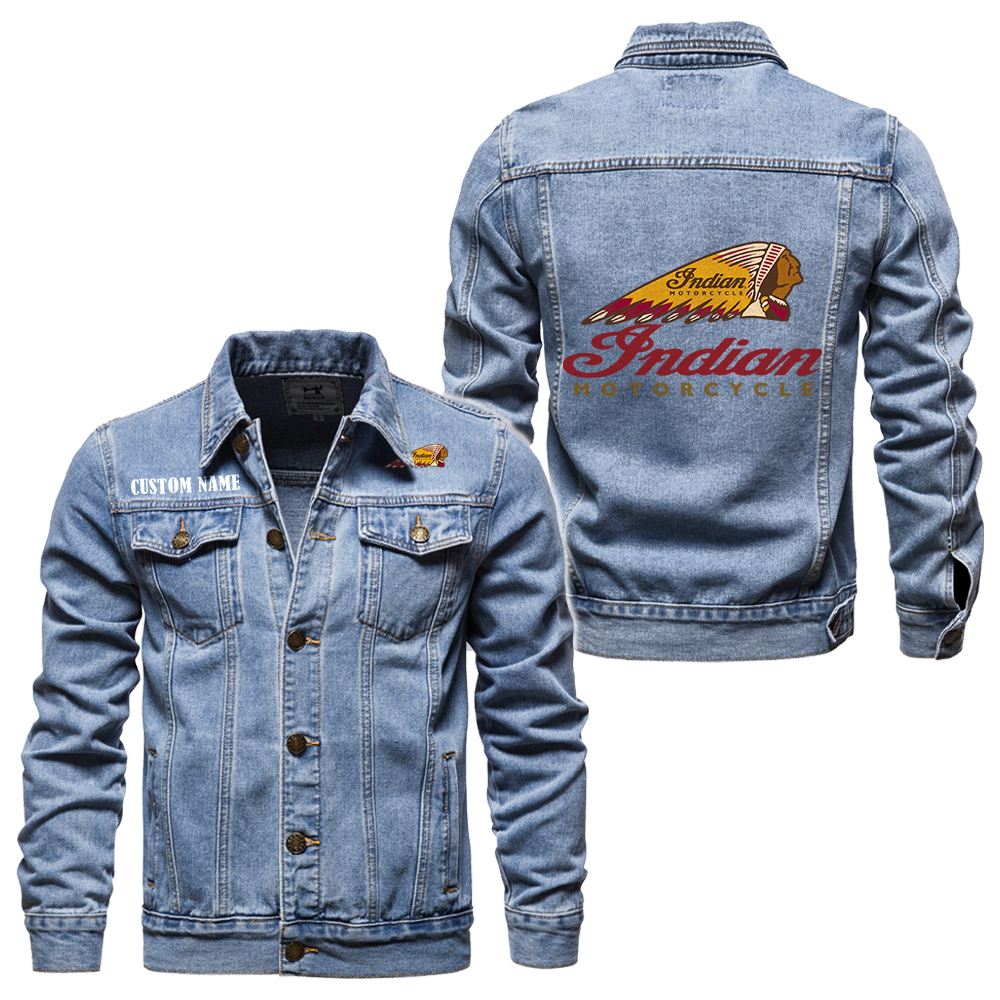 Indian Denim jacket Vintage Style Black, Light-Blue and Dark-Blue Color, Customize name, Logo Car or motor model, Denim clothing