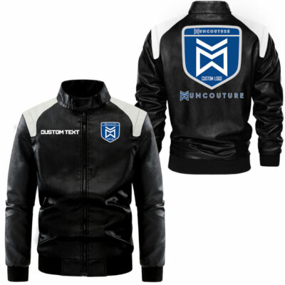 Muncouture Stand Collar Leather Jacket, Black and white slim fit coat vintage style, customize name and any logo