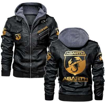 Abarth Golden Logo full style leather jackets, black and brown vintage style, customize name and logo
