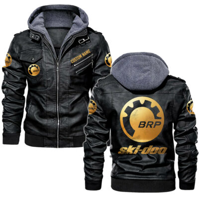 Ski doo Golden Logo full style leather jackets, black and brown vintage style, customize name and logo