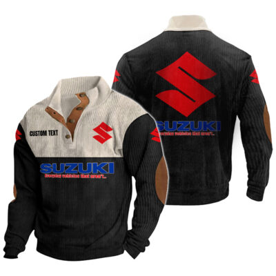 Suzuki Men's Corduroy Casual Stand Collar Sweatshirts Vintage Color Customize Name and Logo